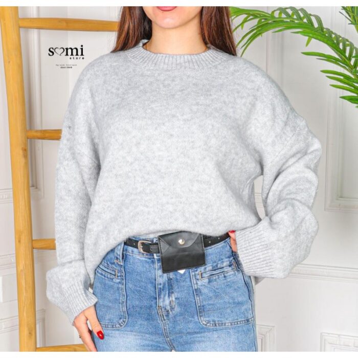 ⁦بلوزة صوف بأكمام طويلة وقبة دائرية One Size للنساء لون سكني⁩ - الصورة ⁦3⁩