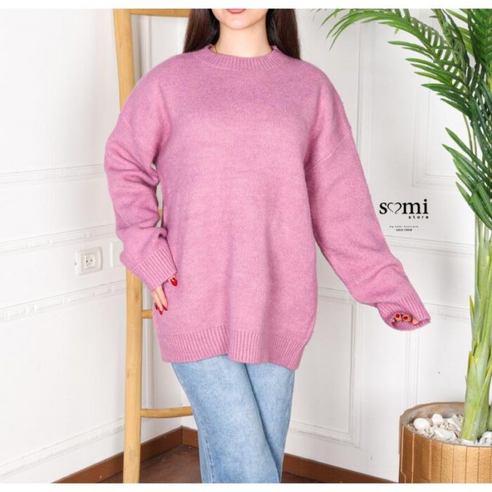 ⁦بلوزة صوف بأكمام طويلة وقبة دائرية One Size للنساء لون فوشي⁩ - الصورة ⁦3⁩
