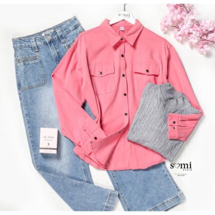 قميص بأكمام طويلة للنساء لون زهري