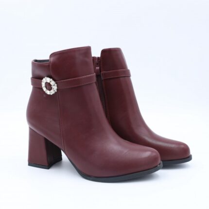 جزمة كعب عريض بسحاب ساق متوسط الطول للنساء لون خمري