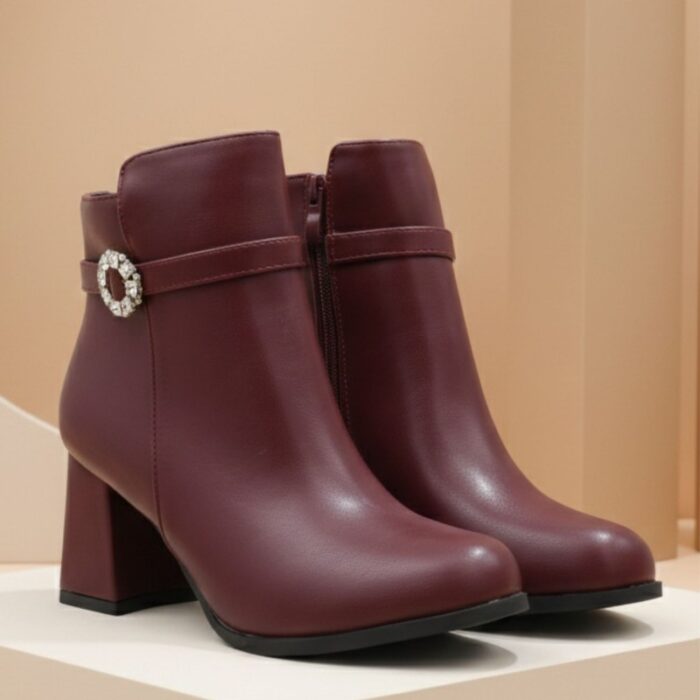 ⁦جزمة كعب عريض بسحاب ساق متوسط الطول للنساء لون خمري⁩ - الصورة ⁦5⁩