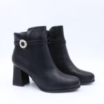 جزمة كعب عريض بسحاب ساق متوسط الطول للنساء لون أسود