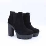 جزمة كعب ونعل عريض بسحاب للنساء لون أسود