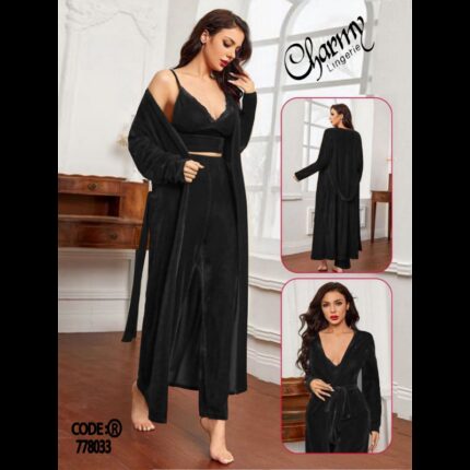 طقم لانجري مخمل ملوكي ثلاث قطع للنساء لون أسود