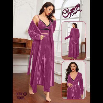 طقم لانجري مخمل ملوكي ثلاث قطع للنساء لون زهري