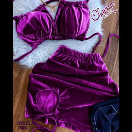 طقم لانجري مخمل صدرية مع تنوره للنساء لون بنفسجي غامق