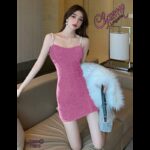 فستان مخمل ستاتي لون زهري غامق