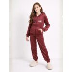 بجامة مخمل قطعتين بسحاب وطاقية بناتي لون مشمشي