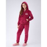 بجامة مخمل قطعتين بسحاب وطاقية بناتي لون فوشي