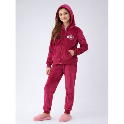 بجامة مخمل قطعتين بسحاب وطاقية بناتي لون فوشي