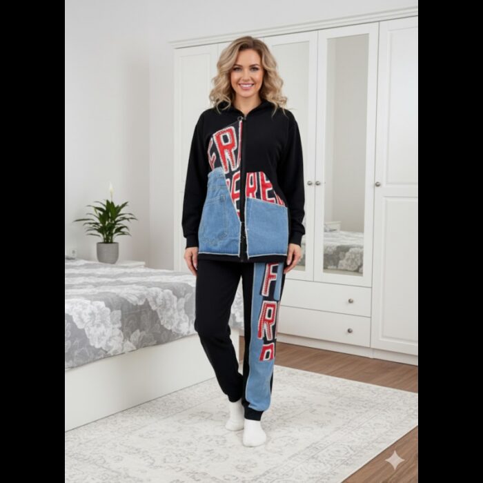 ⁦بجامة فوتر بأكمام طويلة وسحاب للنساء لون اسود⁩ - الصورة ⁦2⁩