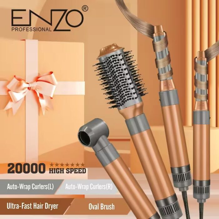 ⁦Enzo EN-4131 4 in 1 Brown One Step Hair Blow Dryer Brush Professional Hair Straightener Curler Styling Tools Hot Air Comb Set⁩ - الصورة ⁦2⁩