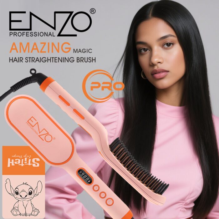 ⁦Enzo EN-4102 PRO Beautiful Salon African Anion Straightening Brush 360 Rotating Handle Flat Iron Hot Hair Straightener Comb⁩ - الصورة ⁦2⁩