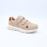 ⁦حذاء جلد رياضي بشريطين لاصق لون بيج وأبيض⁩ - الصورة ⁦3⁩