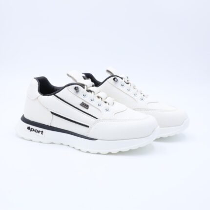 حذاء جلد رياضي بنعل مريح وعملي برباط للأطفال لون أبيض