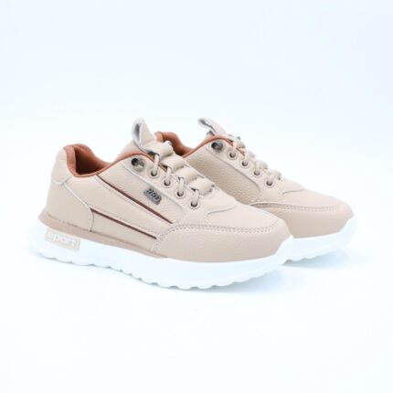 حذاء جلد بنعل مريح وعملي رياضي برباط للأطفال لون بيج