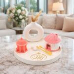 بكج مكون من ست قطع صنيه رمضان مع مبخره ع شكل بيت وملقط لون ذهبي وشمعه لون زهري ع شكل ماذنه ومبخره عيدان ع شكل ورده بالاضافه لفاز حجم كبير