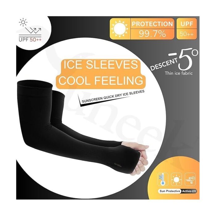 ⁦أكمام رياضية مع فتحة للابهام - للحماية من الشمس والأشعة فوق البنفسجية – مثالية لركوب الدراجات، الجري، والتمارين الرياضية - لون أسود⁩ - الصورة ⁦3⁩