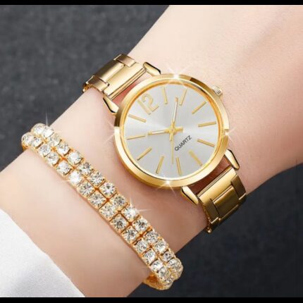 ساعة كوارتز فخمة للصبايا مع اسوارة مرصعة بالسترس اللامع - لون ذهبي