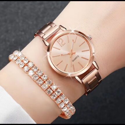 ساعة كوارتز فخمة للصبايا مع اسوارة مرصعة بالسترس اللامع - لون روز جولد