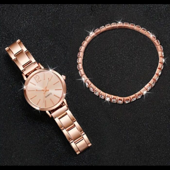⁦ساعة كوارتز فخمة للصبايا مع اسوارة مرصعة بالسترس اللامع - لون روز جولد⁩ - الصورة ⁦2⁩