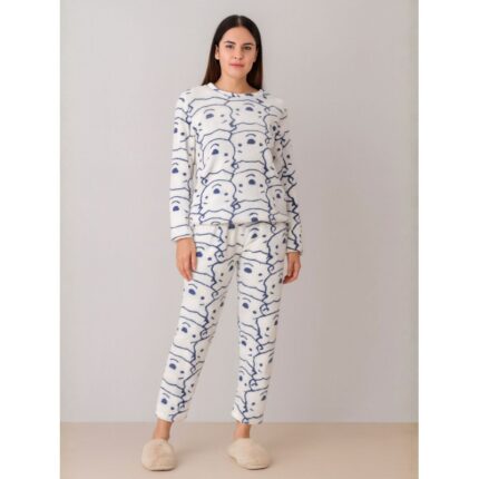 بيجامة فرو للصبايا لون ابيض برسومات كحلي