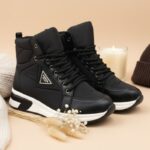 ⁦حذاء كاجوال برباط مع كعب شتوي للنساء لون أسود⁩ - الصورة ⁦11⁩