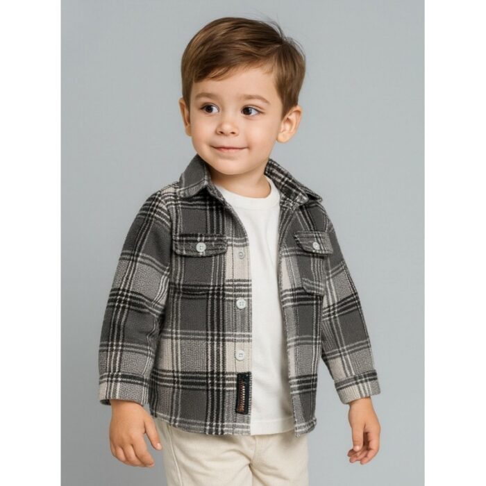 ⁦جاكيت ولادي بأزرار وأكمام طويلة للأطفال لون رمادي⁩ - الصورة ⁦2⁩