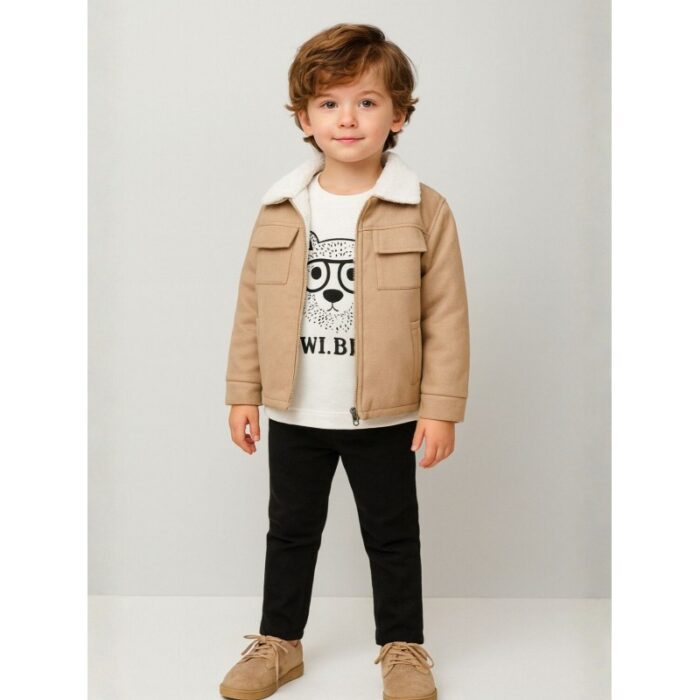 ⁦جاكيت ولادي بأزرار وأكمام طويلة للأطفال لون عسلي⁩ - الصورة ⁦2⁩