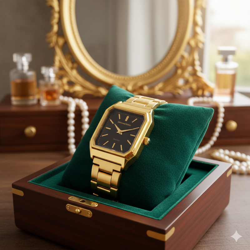 103393615_698fc0e4e720c ساعة يد أنيقة للصبايا بشاشة مستطيلة لون ذهبي ماركة EPHATAH ESTAR - الصورة 1