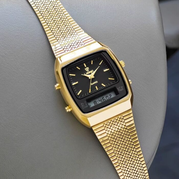 ⁦ساعة يد فخمة للرجال ثنائية عقارب ورقمية لون ذهبي ماركة LieBig⁩ - الصورة ⁦2⁩