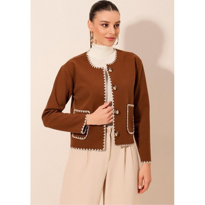 ⁦جاكيت ستاتي لون بني نقشة أبيض من الجوانب⁩ - الصورة ⁦2⁩
