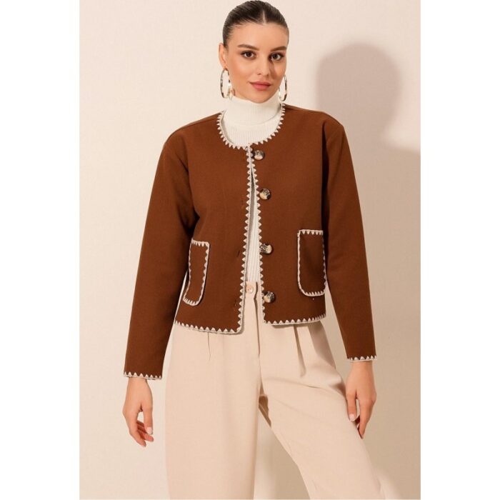 ⁦جاكيت ستاتي لون بني نقشة أبيض من الجوانب⁩ - الصورة ⁦6⁩