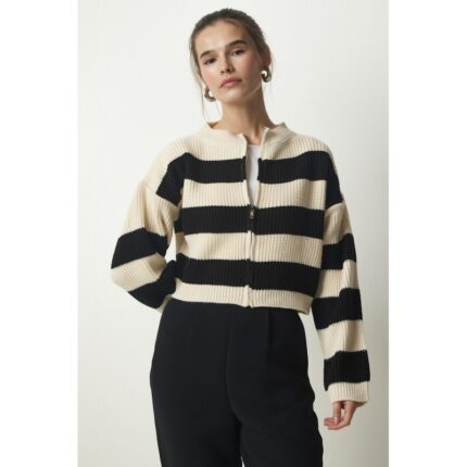 جرزة ستاتي بسحاب لون بيج مخطط أسود Happiness İstanbul