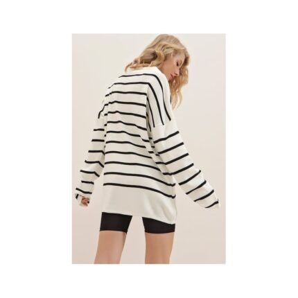 بلوزة ستاتي شتوي لون أبيض مخطط أسود Trend Alaçatı Stili