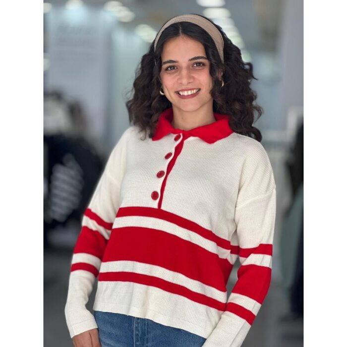 ⁦بلوزة ستاتي لون بيج مخطط أحمر⁩ - الصورة ⁦2⁩