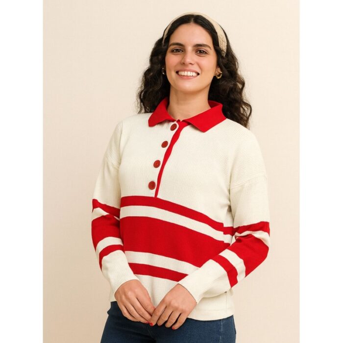 ⁦بلوزة ستاتي لون بيج مخطط أحمر⁩ - الصورة ⁦3⁩