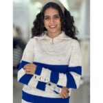 بلوزة ستاتي شتوي لون بيج مخطط نيلي