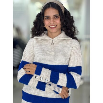 بلوزة ستاتي شتوي لون بيج مخطط نيلي