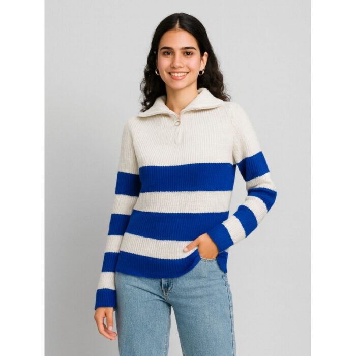 ⁦بلوزة ستاتي شتوي لون بيج مخطط نيلي⁩ - الصورة ⁦2⁩