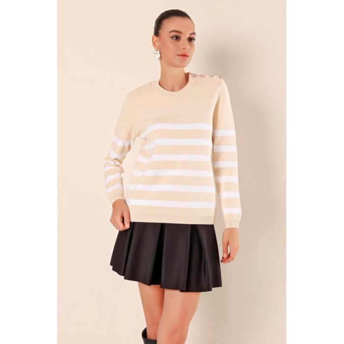 ⁦بلوزة ستاتي لون بيج مخطط أبيض Bigdart⁩ - الصورة ⁦4⁩