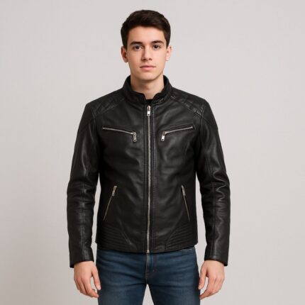جاكيت جلد طبيعي رجالي لون أسود
