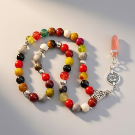 مسبحة مكس أحجار أكتر من 11 نوع أحجار مختلفة مقاس الحجر 10 مل عدد الحبات 45 حبة الشربوشة تعليقة حجر السهم مشمشي