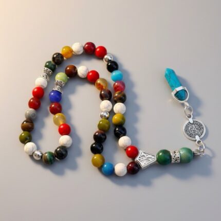 مسبحة مكس أحجار أكتر من 11 نوع أحجار مختلفة مقاس الحجر 10 مل عدد الحبات 45 حبة الشربوشة تعليقة حجر السهم أزرق