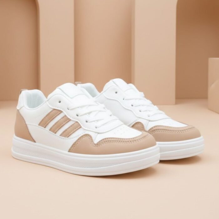 ⁦حذاء رياضي كلاسيك جلد للنساء لون أبيض وكاكي⁩ - الصورة ⁦6⁩