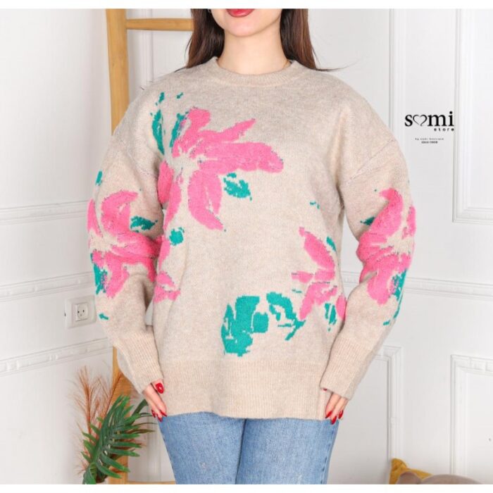 ⁦بلوزة صوف بتصميم رسومات ستاتي لون بيج⁩ - الصورة ⁦2⁩