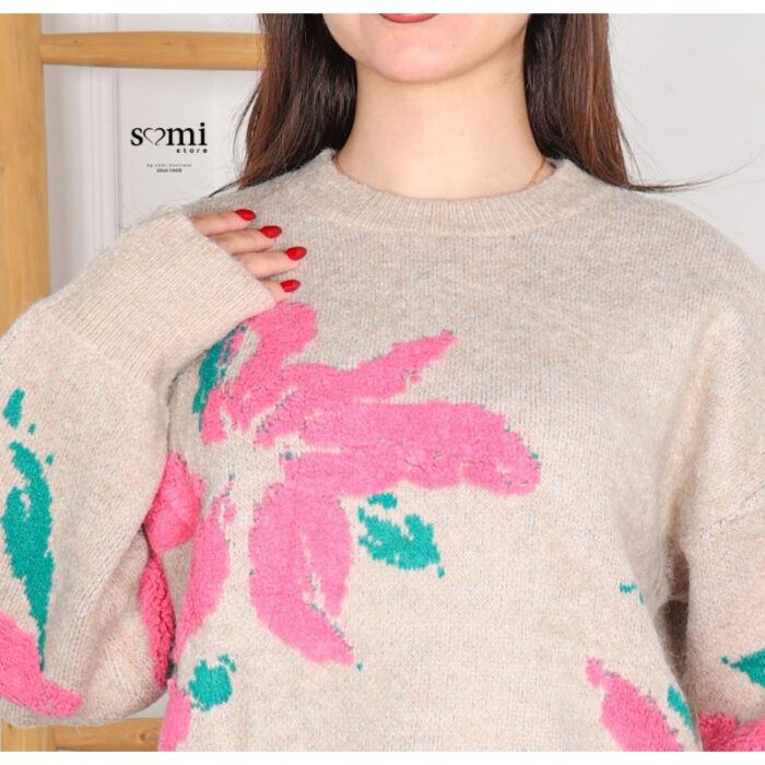 ⁦بلوزة صوف بتصميم رسومات ستاتي لون بيج⁩ - الصورة ⁦4⁩