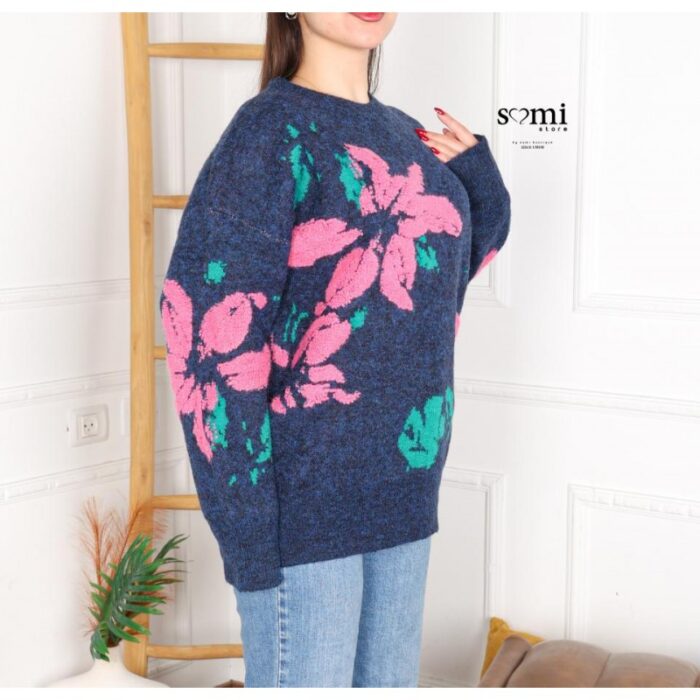 ⁦بلوزة صوف بتصميم رسومات ستاتي لون كحلي⁩ - الصورة ⁦3⁩