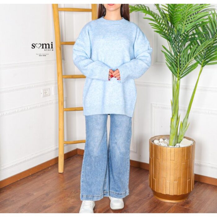 ⁦بلوزة صوف بأكمام طويلة وقبة دائرية One Size للنساء لون أزرق⁩ - الصورة ⁦2⁩