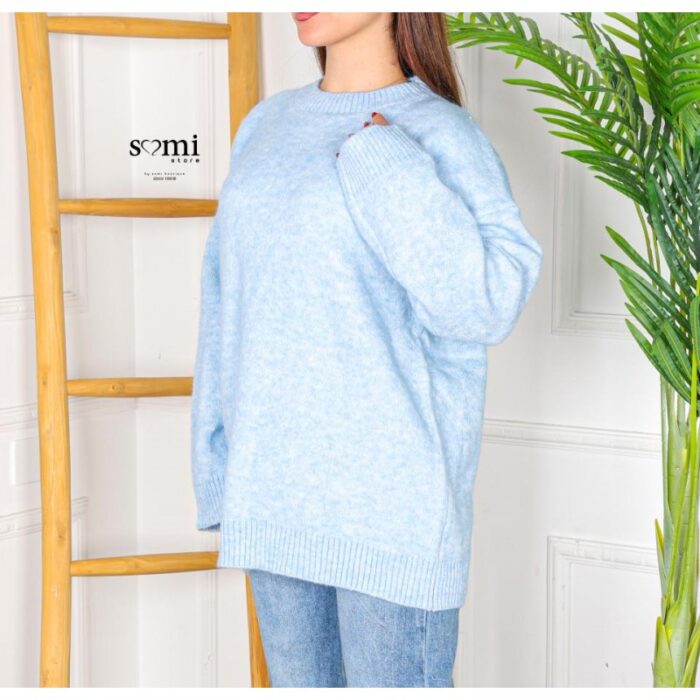 ⁦بلوزة صوف بأكمام طويلة وقبة دائرية One Size للنساء لون أزرق⁩ - الصورة ⁦3⁩